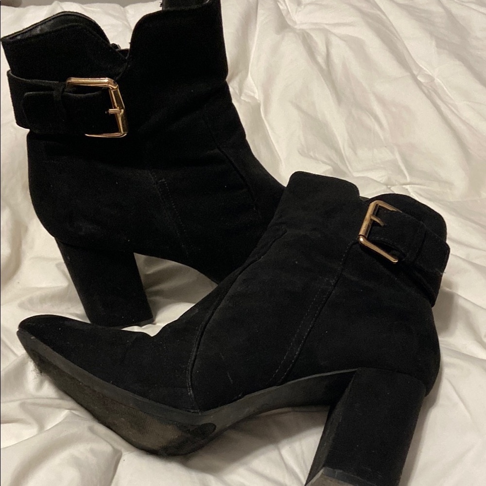 Black Heeled Boot with gold buckle